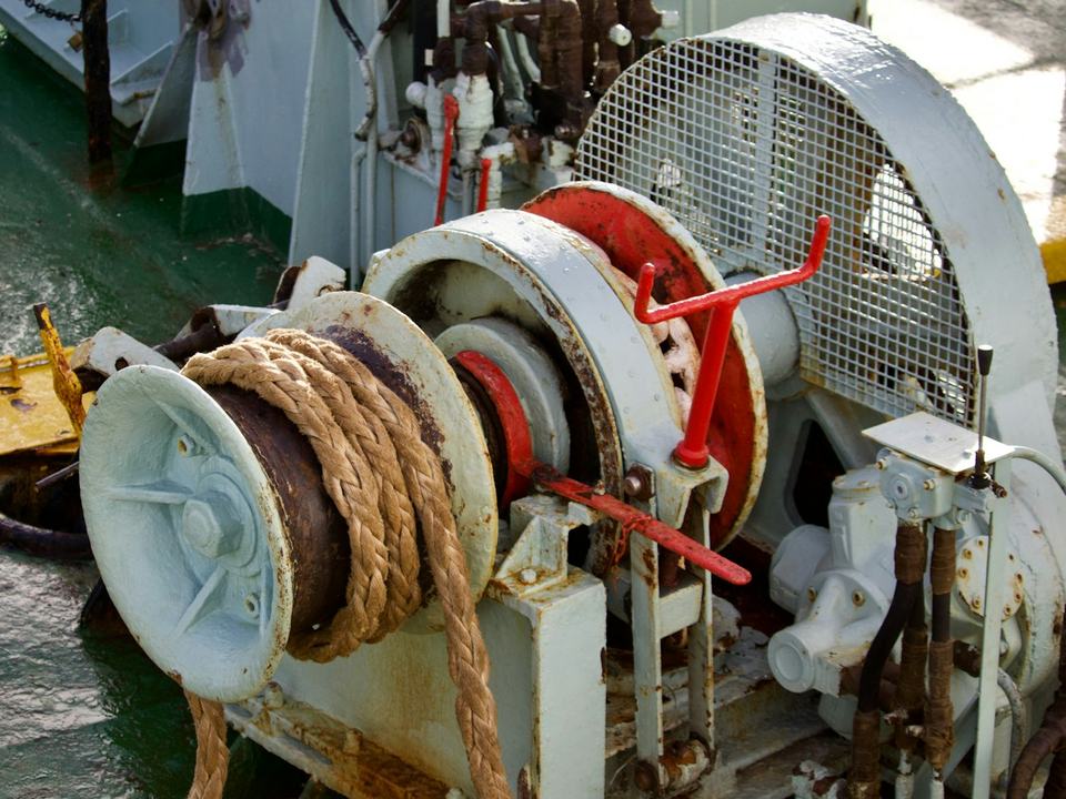 Mooring winch on a ship's deck.